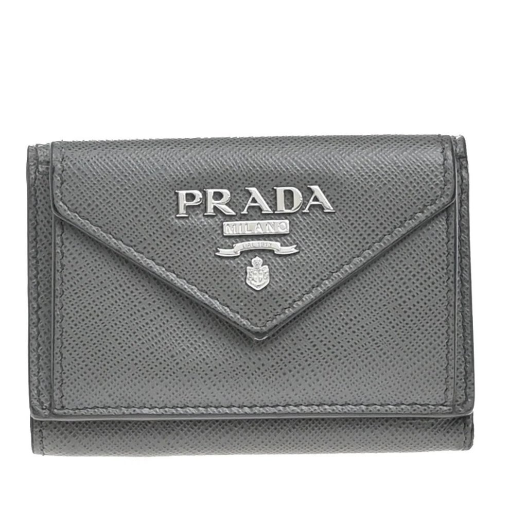 Prada Milano Logo Trifold Compact Wallet Saffiano Leather Gray Italy 65kp368